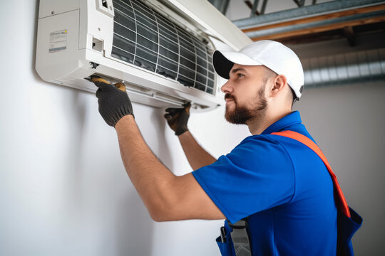 Air conditioning technician servicing a wall-mounted AC unit in Herriman, UT