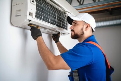 Air conditioning technician servicing a wall-mounted AC unit in Herriman, UT